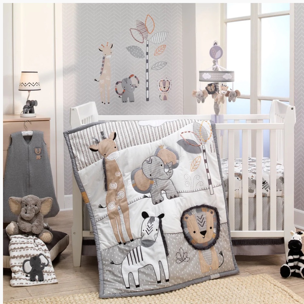 Jungle Safari Gray/Tan/White Nursery 6-Piece Baby Crib Bedding Set